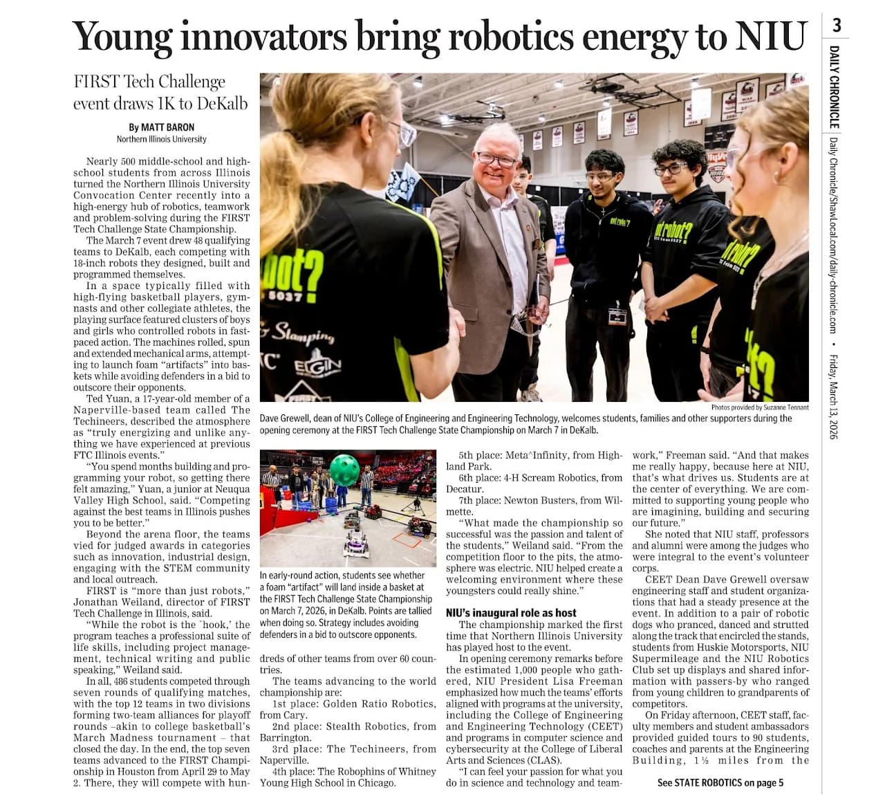 The NIU news article about the robotics state championship, with a photo of students and NIU leaders