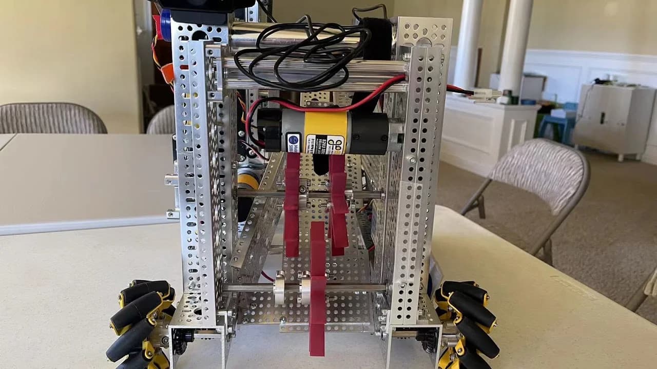 Bob v1, the Freight Frenzy robot, from the front with its mecanum wheels and lift