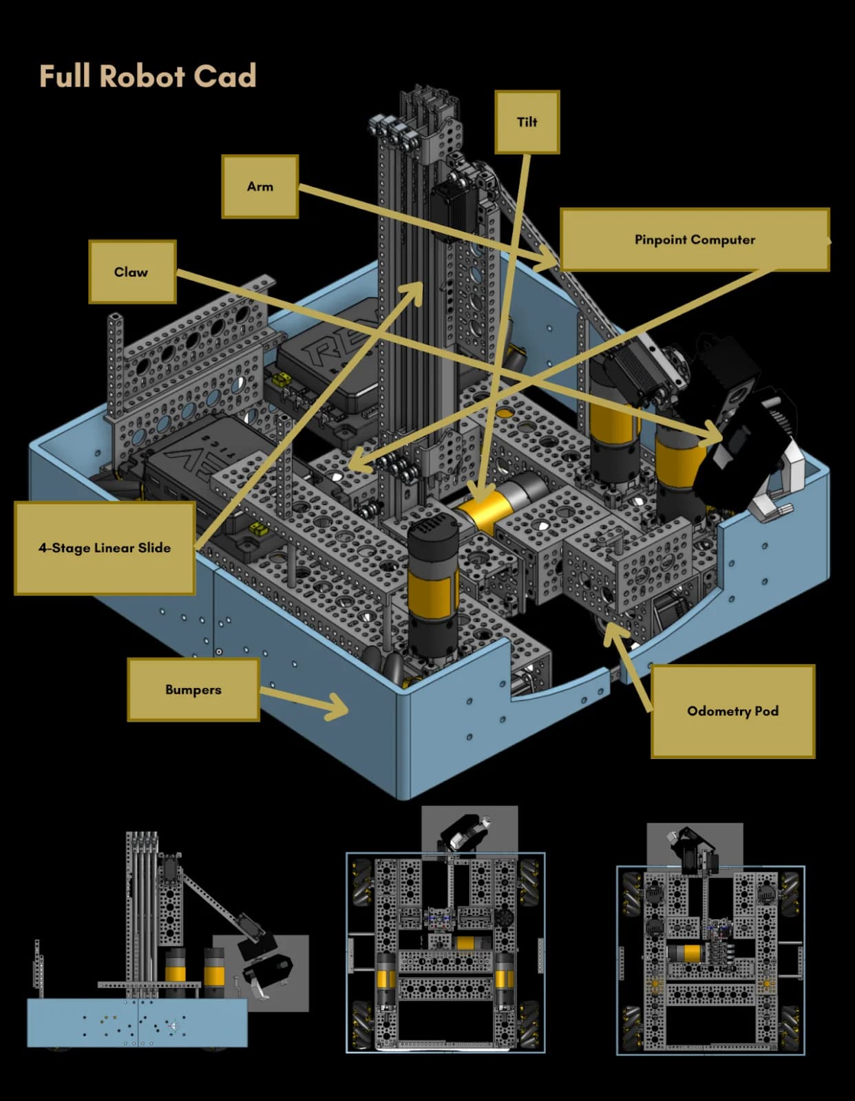 Full robot CAD render of Rob-Ot with its subsystems labeled
