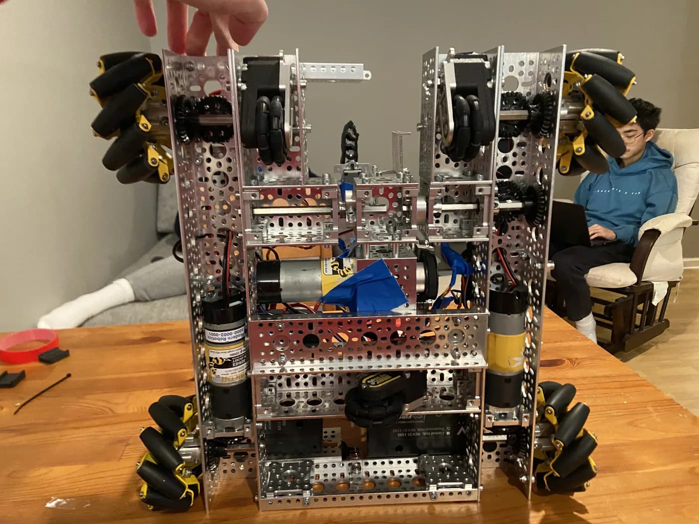 Rob-Ot from behind, showing the linear slides and mecanum drivetrain